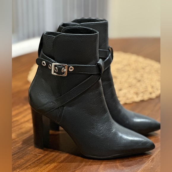 Paige Camille Pointed Toe Black Leather Buckle Straps Boots - Picture 1 of 9